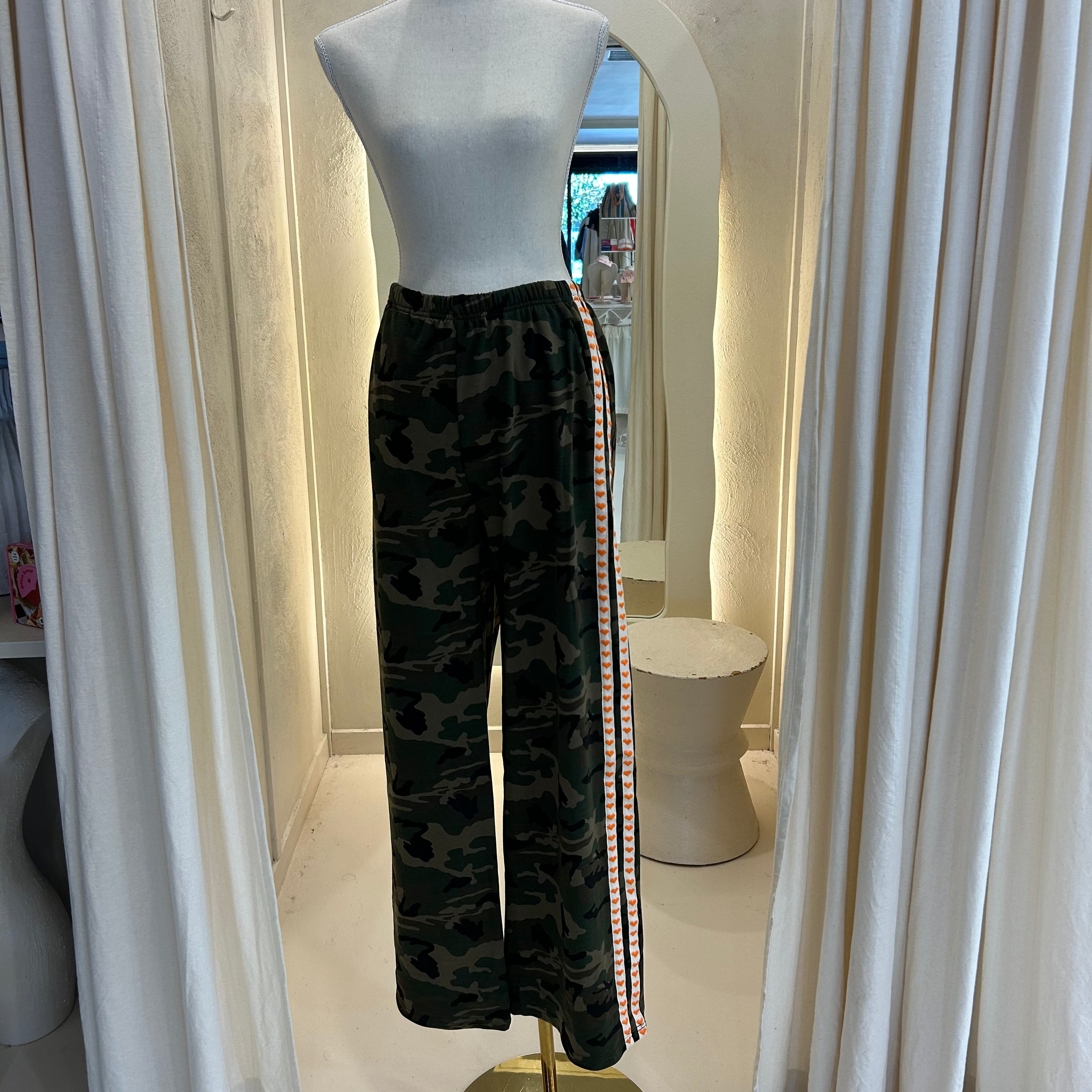 orange heart racer stripe camo pants - by Frankie