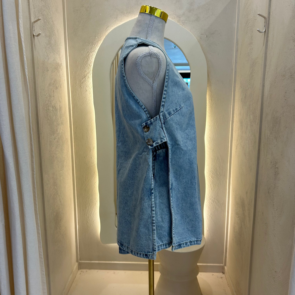 light blue denim panel short set - by Frankie