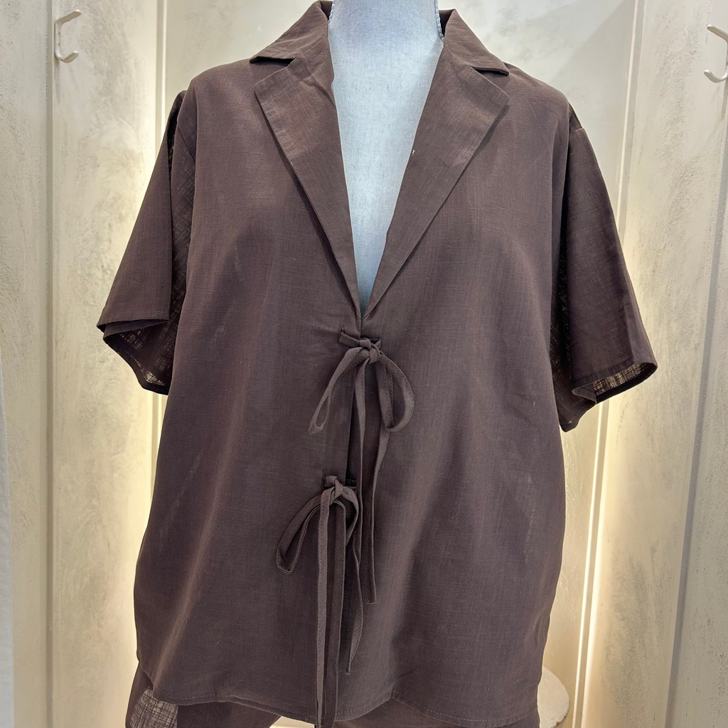 brown tie up short set - by Frankie