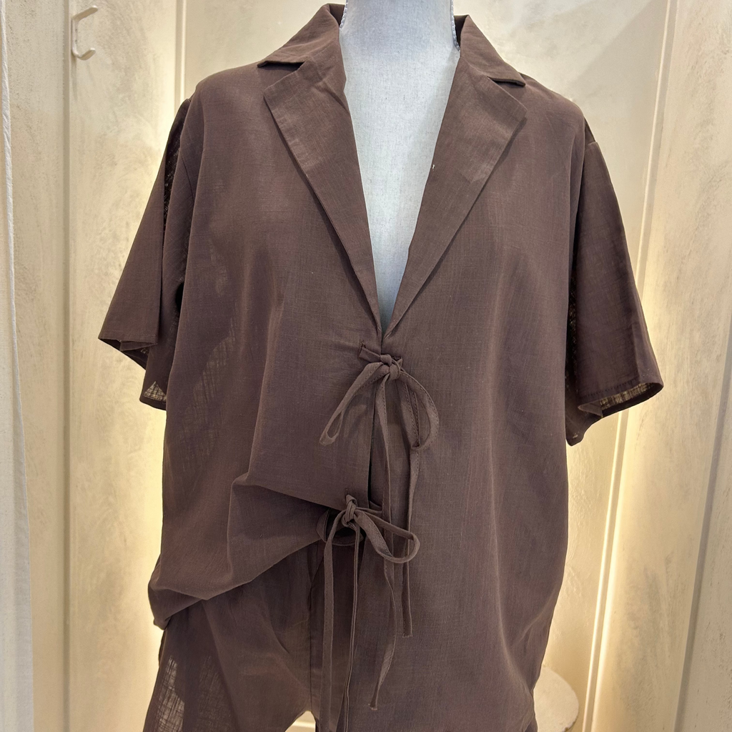 brown tie up short set - by Frankie