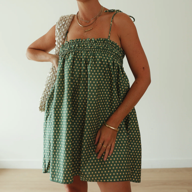 green and yellow dotty dress - hall store