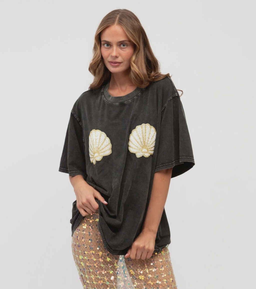 black tee with sequin shells - Paperheart