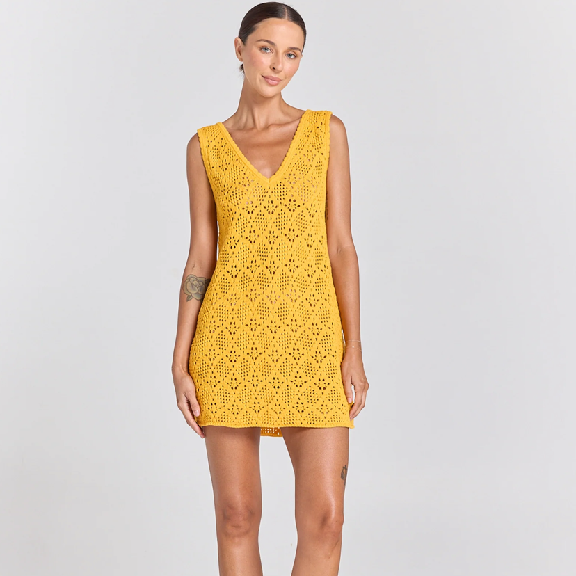 Messina V Crochet Knit Dress - Marigold - poolside paradiso